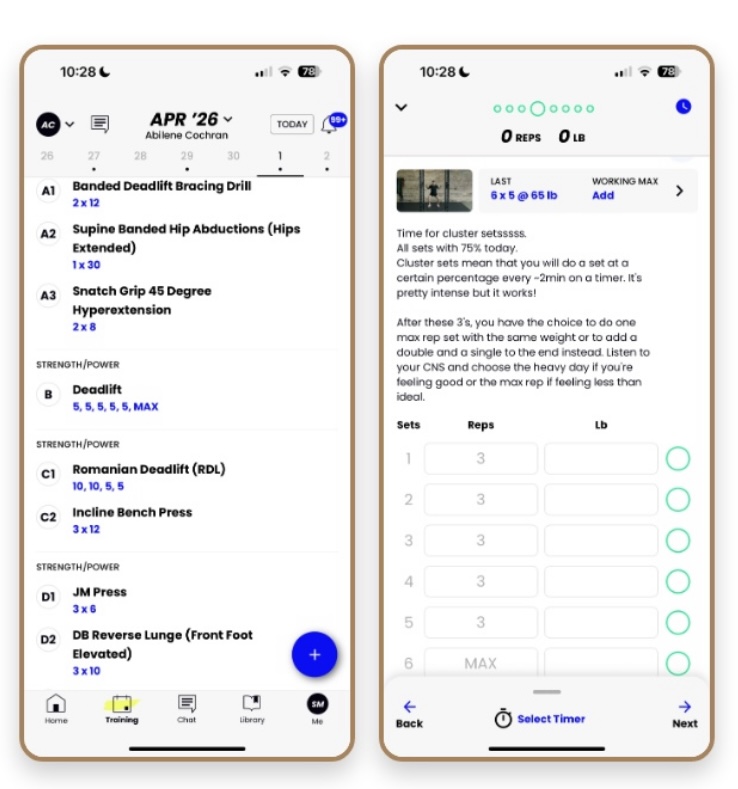 TrainHeroic app showing a training day with exercises, sets, and reps